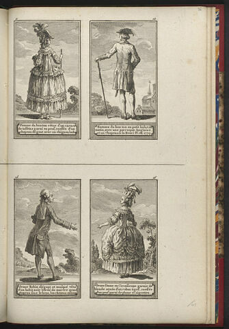 Femme du bon ton vêtue d'un caraco de taffetas garni en pouf, coeffée d'un chapeau de gout avec un chignon lache / Homme du bon ton en petit habit du matin, avec une perruque Anglaise et un Chapeau à la Henri IV, en 1779., image 1/1