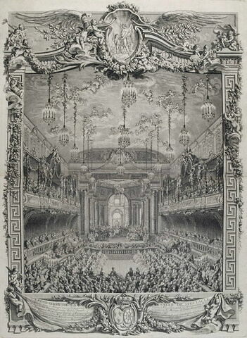 Décoration de la salle de spectacle, construite dans le Manège couvert de la grande Ecurie, à Versailles, pour la représentation de la Princesse de Navarre Comédie Balet, image 1/1