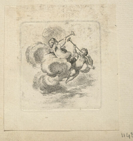 Petit fleuron : deux amours jouant de la trompette sur des nuages, image 1/1