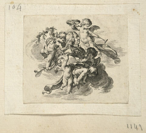 Grand fleuron : des amours sur des nuages couronnent le buste de l'auteur, image 1/1