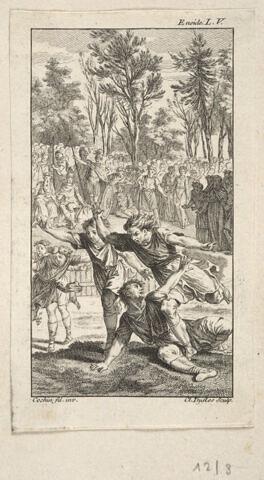 Aux jeux funèbres anniversaires de la mort d'Anchise, Nisus fait trébucher Salius pour faire gagner à Euryale l'épreuve de course à pied