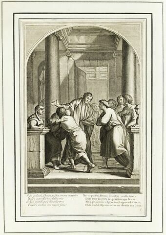 La vie de Saint Bruno, fondateur de l'ordre des Chartreux : Saint Bruno et six de ses disciples partent pour se retirer dans la solitude, dit aussi Les adieux de saint Bruno (planche numérotée 6)