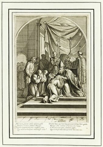 La vie de Saint Bruno, fondateur de l'ordre des Chartreux : Saint Hugues donnant l'habit blanc à Saint Bruno et à ses compagnons (planche numérotée 12)