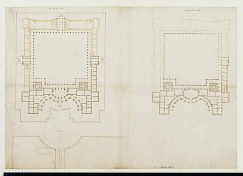 Projet pour le Louvre. Plan du rez-de-chaussée et du premier étage des bâtiments de la Cour Carrée (premier projet) vers 1664