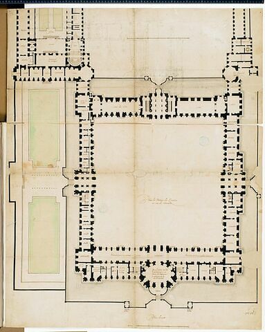 Projet pour le Louvre. Plan du rez-de-chaussée pour les bâtiments de la Cour carrée et pour les bâtiments attenant à l'aile ouest, vers 1663