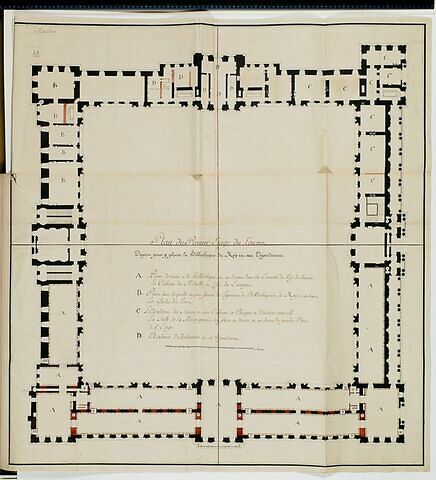 Projet de la Bibliothèque du Roi au Louvre. Plan du premier étage des bâtiments de la Cour Carrée