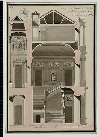 Projet pour la Bibliothèque du Roi au Louvre. Coupe en travers de la Bibliothèque du Roi, 1768