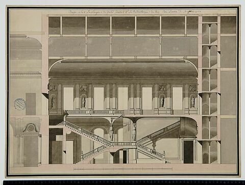Projet pour la Bibliothèque du Roi au Louvre. Coupe sur la largeur du grand escalier de la Bibliothèque du Roi, 1768, image 1/2