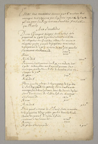 Mémoire de Guillaume Coustou sur le réglement des ouvrages de sculpture faits aux Invalides, à Versailles et à Marly