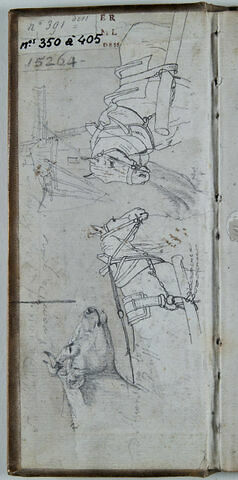 Esquisses de vache, chevaux et moulin, notes manuscrites, image 1/1