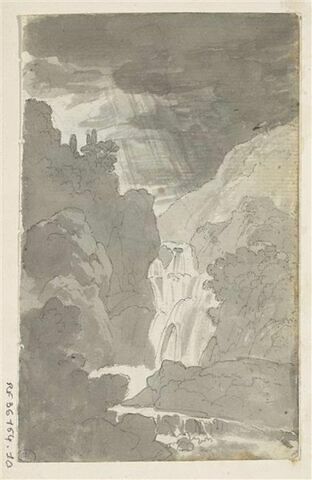 Paysage de montagne avec une cascade, sous un ciel d'orage, image 1/2
