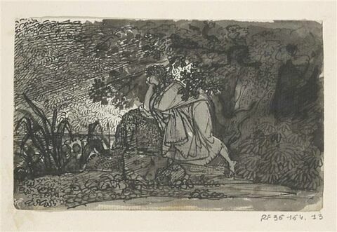 Scène antique : jeune homme s'appuyant sur un rocher, au bord de l'eau, Narcisse (?), image 1/2