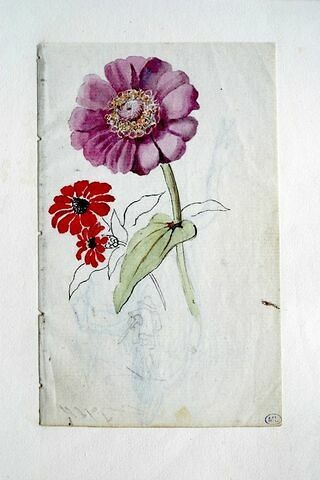 Etude de trois fleurs ; petit croquis de paysan de dos, tenant une pelle, image 2/2