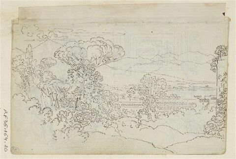 Paysage avec un aqueduc parmi les arbres et un volcan dans le fond (le Vésuve ?), image 1/2