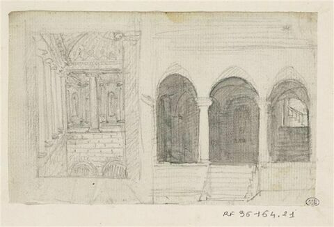 Deux vues d'architecture accolées : un bâtiment avec colonnade, à gauche, un porche surélevé à trois arcades, à droite, image 1/2