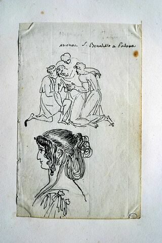Groupe de trois personnages soutenant un homme s'évanouissant ; jeune femme en buste, de profil à gauche ; esquisse de tête ?, image 2/2