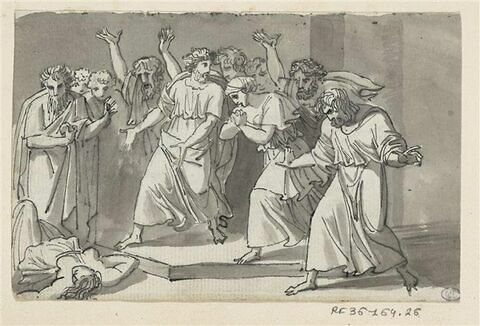 Groupe de dix personnages découvrant une femme gisant sur le dos, à demi nue : la mort de Sephire ?, image 1/2