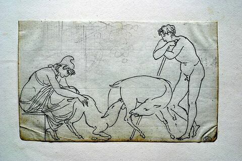 Jeune bergère tenant un faon qui tète une biche sous le regard contemplatif d'un pasteur nu ; esquisse (de figures ?) en haut, image 3/3
