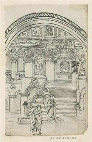 Vue de l'escalier des Géants du palais des Doges, à Venise, avec au premier plan trois personnages drapés à l'antique.