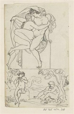 Couple de figures nues enlacées et Bacchus et Silène dans un paysage