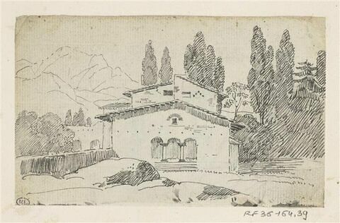 Paysage avec groupe de maisons parmi les arbres et montagne dans le fond, image 1/2