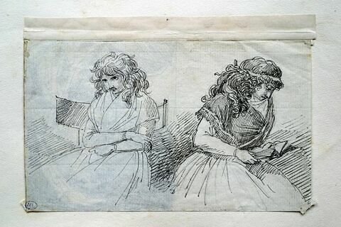 Deux femmes assises, l'une lisant et l'autre bras croisés sur la poitrine, l'air songeur, image 2/2