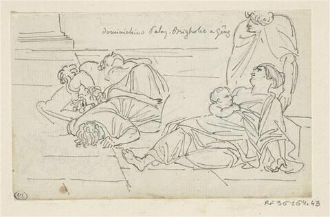 Groupes de personnages couchés sur dess dalles dont une femme avec un enfant au sein