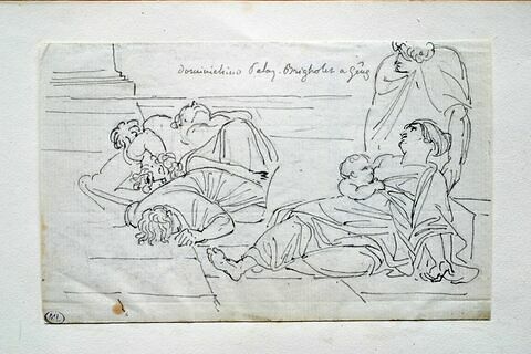 Groupes de personnages couchés sur dess dalles dont une femme avec un enfant au sein, image 2/2