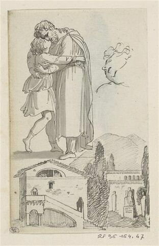 Homme et jeune garçon enlacés, croquis d'une tête en raccourcis et paysage montagneux avec, au premier plan, une villa dans un jardin