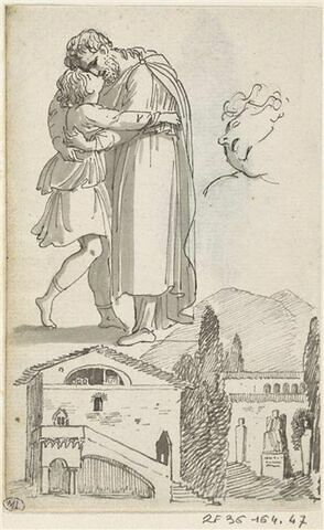 Homme et jeune garçon enlacés, croquis d'une tête en raccourcis et paysage montagneux avec, au premier plan, une villa dans un jardin, image 2/3