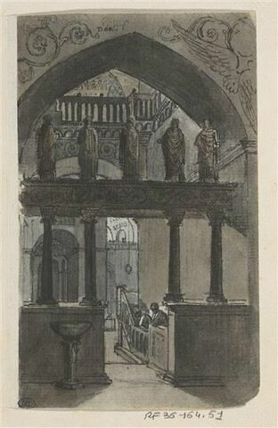 Intérieur d'église avec jubé surmonté de statues et deux personnages en prière