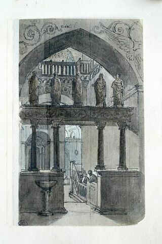Intérieur d'église avec jubé surmonté de statues et deux personnages en prière, image 2/2