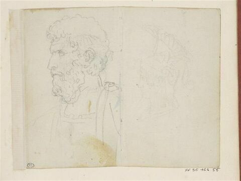 Homme en buste, de profil et très léger croquis d'une tête d'homme casqué, image 1/2