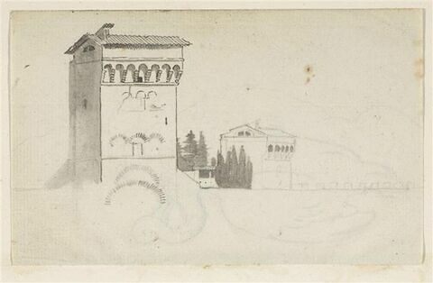 Vue sur une forteresse ( ?) avec des grandes tours carrées flanquées d'arbres et autre bâtiment dans le fond, image 1/2