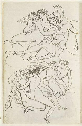 Trois groupes de divinités nues, enlacées : Mars, Vénus et Cupidon ; Hercule et Iole ; Héra et Ixion