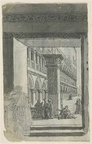 Vue sur la grand place de Venise avec différents personnages, d'un palais avec arcades, image 1/2
