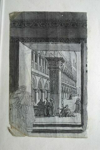 Vue sur la grand place de Venise avec différents personnages, d'un palais avec arcades, image 2/2