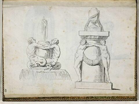Fontaine avec deux tritons et colonne avec deux cariatides surmontée d'une urne
