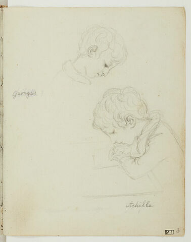 Portraits de Georges et Achille Meuricoffre, le premier la tête penchée en avant, de profil vers la droite, le second assis à une table, écrivant ou dessinant, image 2/2