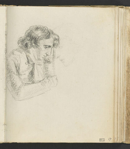 Homme, vu en buste, de profil vers la droite, se tenant la tête de la main gauche ; esquisse d'une tête d'homme penchée en avant, de profil vers la gauche, image 1/3