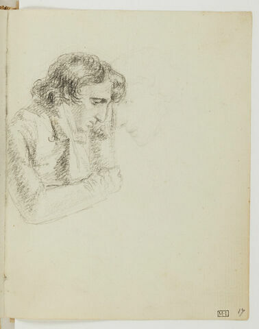 Homme, vu en buste, de profil vers la droite, se tenant la tête de la main gauche ; esquisse d'une tête d'homme penchée en avant, de profil vers la gauche, image 3/3