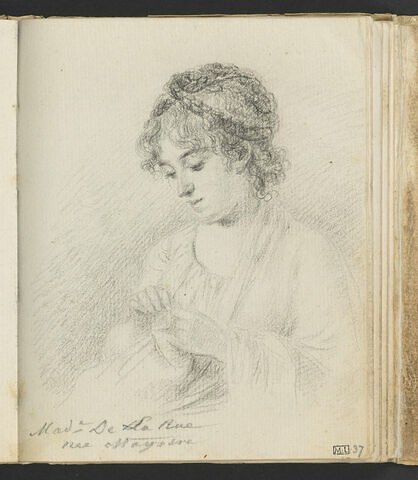 Portrait de Mme de La Rüe  assise, vue en buste, de trois quarts vers la gauche, les cheveux nattés et entrelacés, en train de coudre