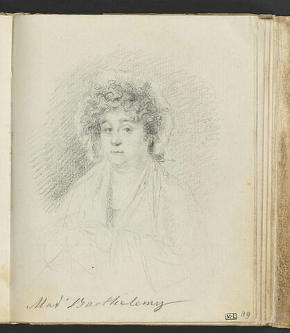 Portrait de Mme Barthélémy portant une coiffe, vue en buste, de trois quarts vers la gauche, en train de coudre ?