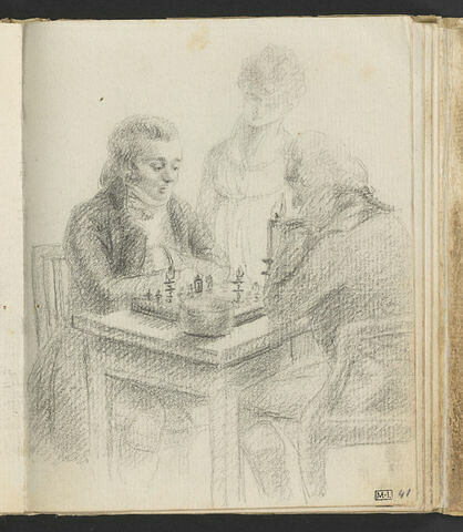 Deux hommes jouant aux échecs à la lumière d'une chandelle, sous le regard d'une jeune femme