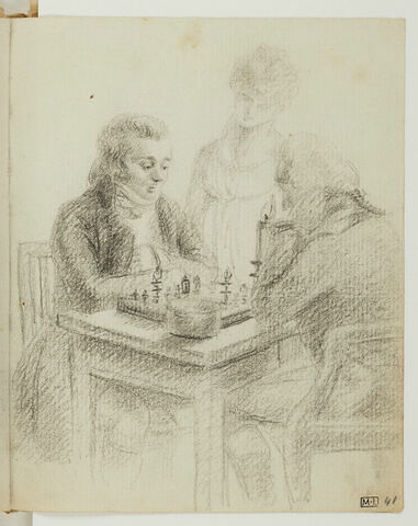 Deux hommes jouant aux échecs à la lumière d'une chandelle, sous le regard d'une jeune femme, image 3/3