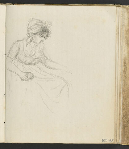 Jeune femme assise, de trois quarts vers la droite, coiffée d'un fichu et dévidant une pelote, image 1/3