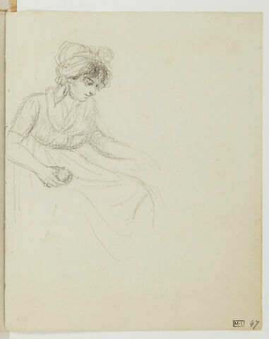 Jeune femme assise, de trois quarts vers la droite, coiffée d'un fichu et dévidant une pelote, image 3/3