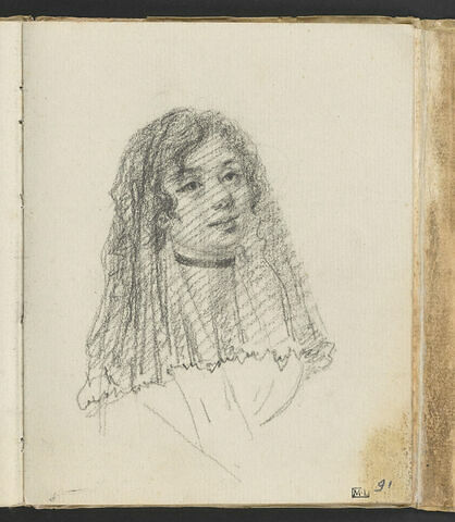Femme coiffée d'une mantille, vue en buste, de trois quarts vers la droite