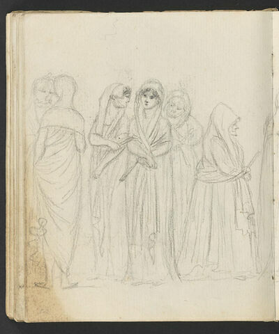 Jeunes femmes élégamment vêtues accompagnées de duègnes ; traits de débordement du dessin du folio suivant, à droite