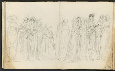 Jeunes femmes élégamment vêtues accompagnées de duègnes ; traits de débordement du dessin du folio suivant, à droite, image 3/4